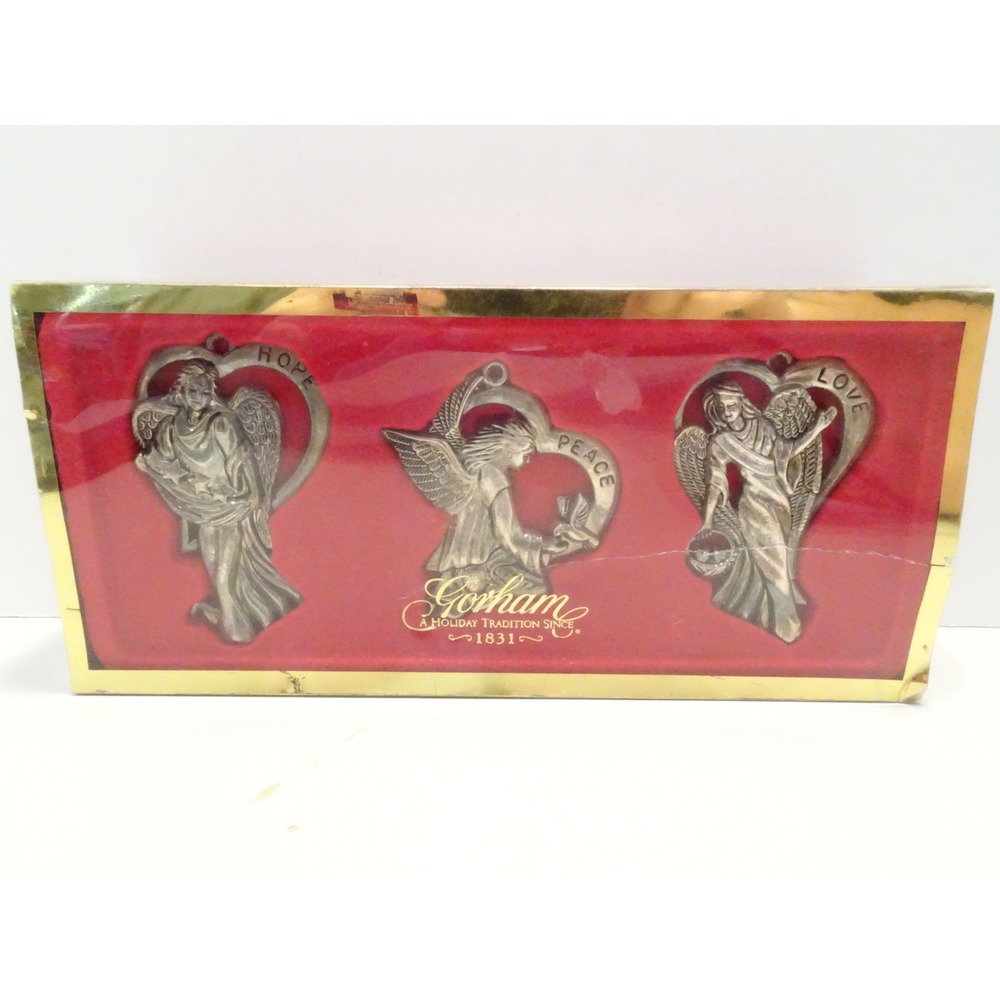 Gorham Silverplate Angel Ornament Set Hope Peace Love 3 Piece Boxed Set
